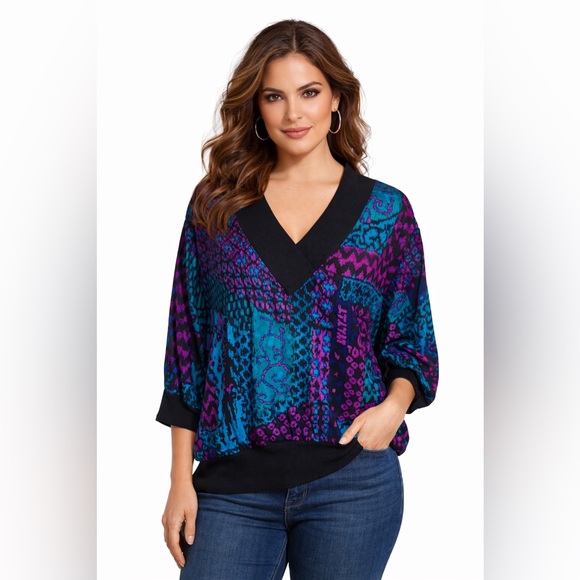 Vintage Tops - Vintage Don Kenny Abstract Print V-Neck Shirt | 80s 90s Made USA